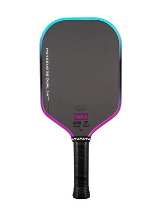 Pickleball paddle with black and purple design on a white background